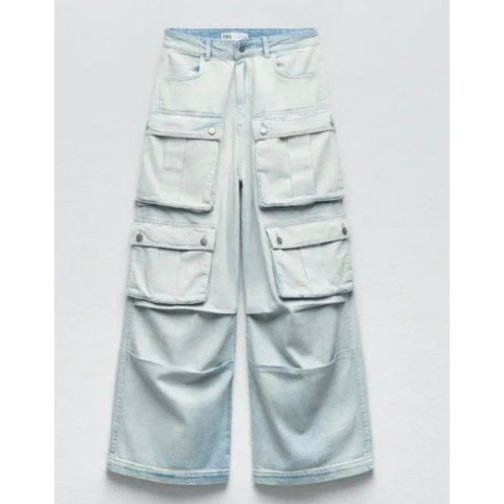 Zara Women Light Wash Multi Pocket Cargo Wide Leg Denim Jeans High Rise SIZE 4